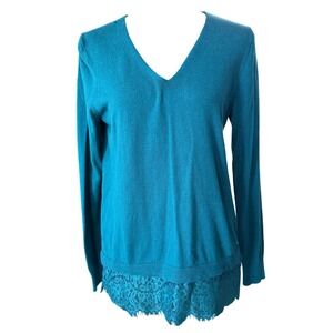 Ann Taylor Lace Hem V Neck Sweater Womens M Teal Blue Romantic Feminine Fairy